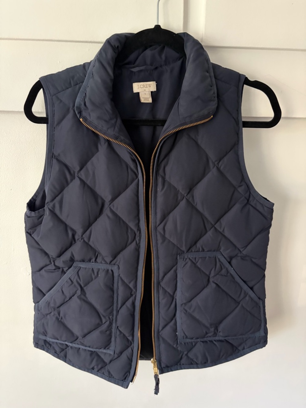 J. Crew Quilted Navy Down-Style Vest with Gold Zipper